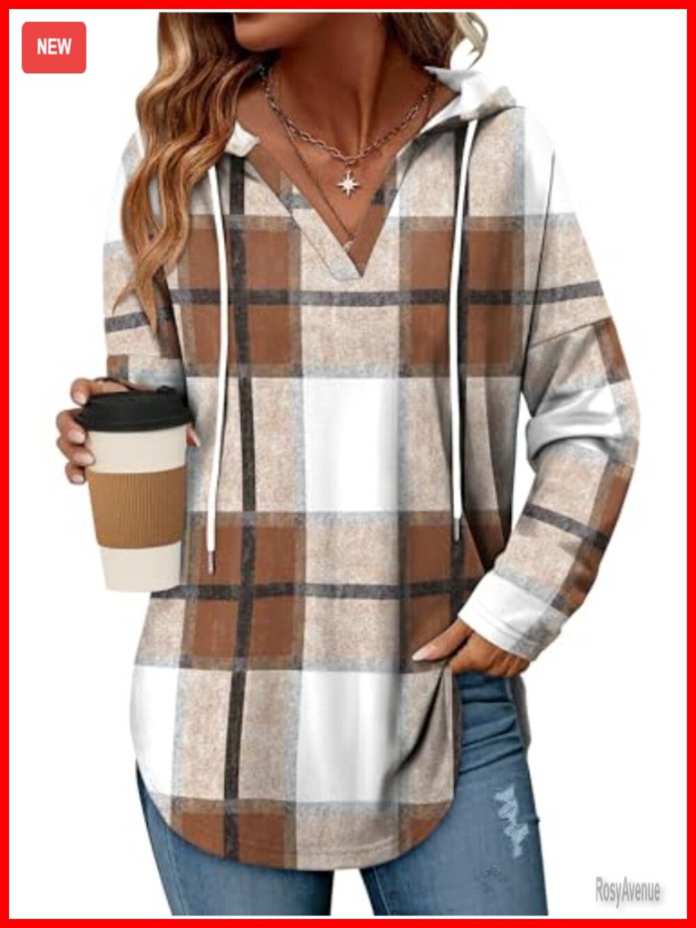 Oversized Plaid Hoodie Pullover Loose Fit V-Neck Tunic Sweatshirt